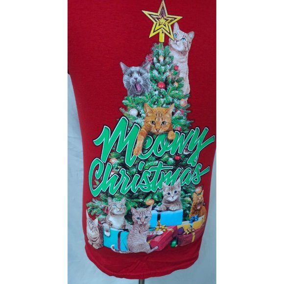 Dec. 25th Women Red Small Short Sleeve Meowy Christmas Tree Cats Holiday T-Shirt - Picture 2 of 10